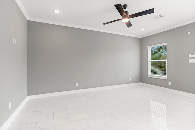 spare room featuring baseboards, ornamental molding, recessed lighting, marble finish floor, and a ceiling fan