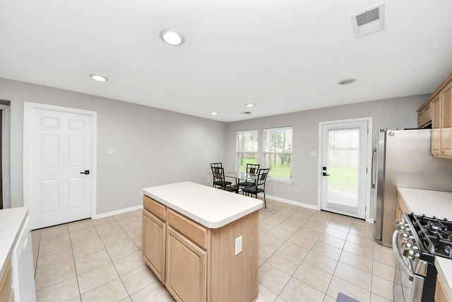 kitchen featuring visible vents, light countertops, recessed lighting, light tile patterned flooring, and stainless steel appliances