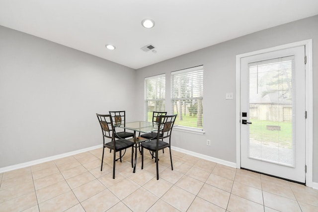 dining room featuring recessed lighting, light tile patterned flooring, baseboards, and visible vents