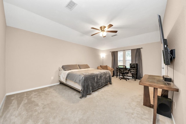 bedroom featuring visible vents, baseboards, and light colored carpet