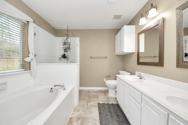 bathroom featuring visible vents, walk in shower, toilet, a bath, and a sink