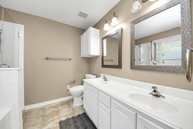 full bath with a sink, visible vents, toilet, and a tile shower