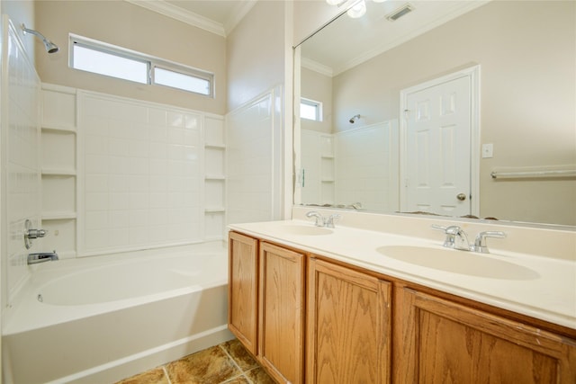 bathroom featuring visible vents, double vanity, ornamental molding, a sink, and shower / tub combination