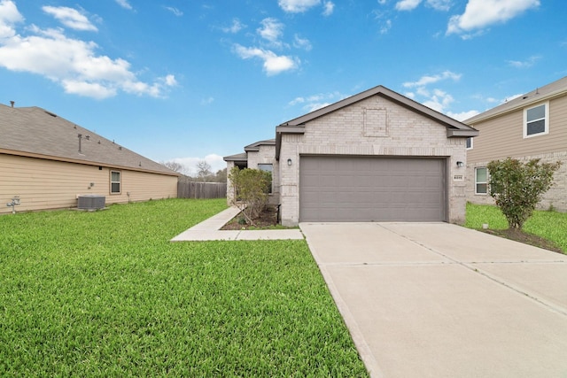 ranch-style house with a front yard, central AC unit, driveway, a garage, and brick siding