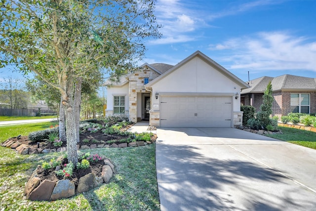 view of front facade with concrete driveway, a garage, stone siding, and stucco siding