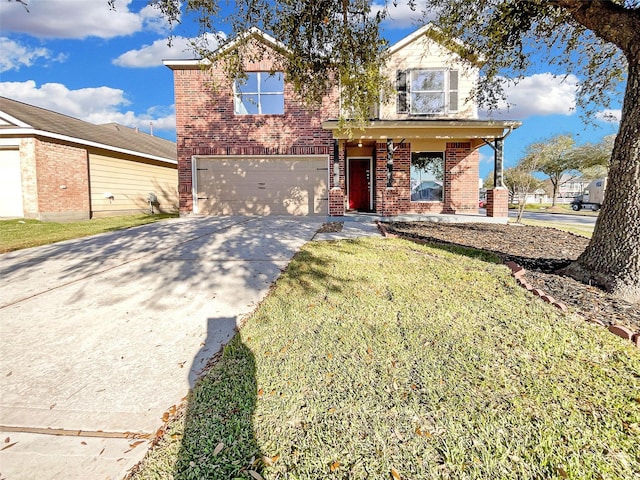 traditional-style home featuring a front lawn, a porch, concrete driveway, an attached garage, and brick siding