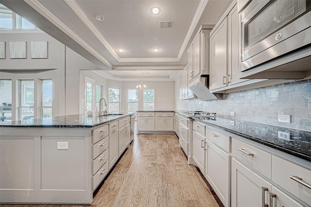 kitchen featuring visible vents, appliances with stainless steel finishes, light wood-style floors, a raised ceiling, and a sink