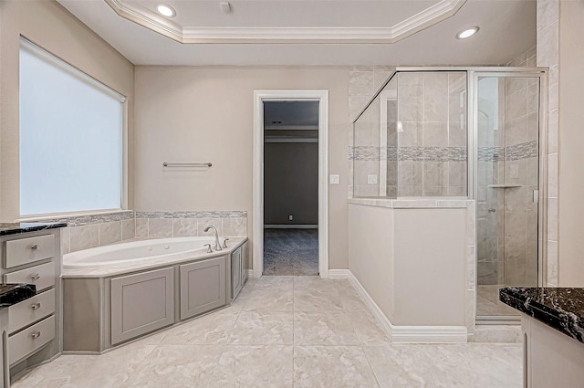 full bathroom with a garden tub, ornamental molding, recessed lighting, a stall shower, and a raised ceiling