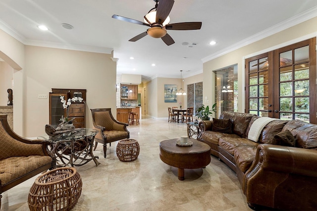 living room featuring recessed lighting, french doors, ornamental molding, and ceiling fan