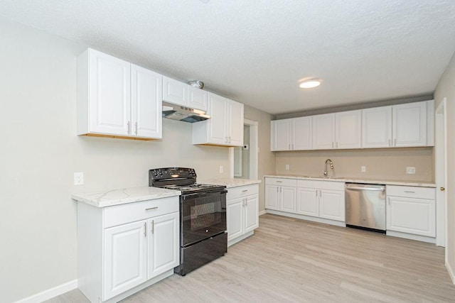 kitchen with dishwasher, black / electric stove, white cabinetry, and under cabinet range hood