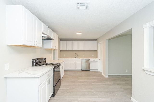 kitchen with visible vents, under cabinet range hood, dishwasher, black electric range, and a sink