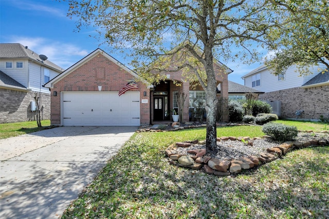 traditional home featuring brick siding, driveway, a front lawn, and a garage