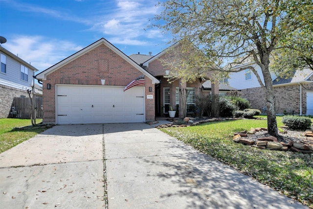 view of front of home featuring concrete driveway, an attached garage, brick siding, and a front yard