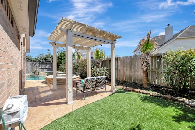 view of yard with a patio area, a fenced in pool, a fenced backyard, and a pergola