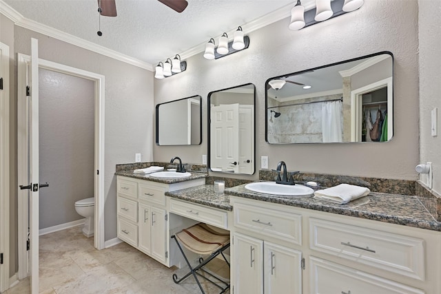 full bath featuring a sink, toilet, ceiling fan, and crown molding