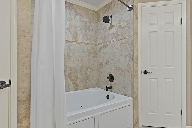 full bathroom with crown molding and shower / bath combo with shower curtain