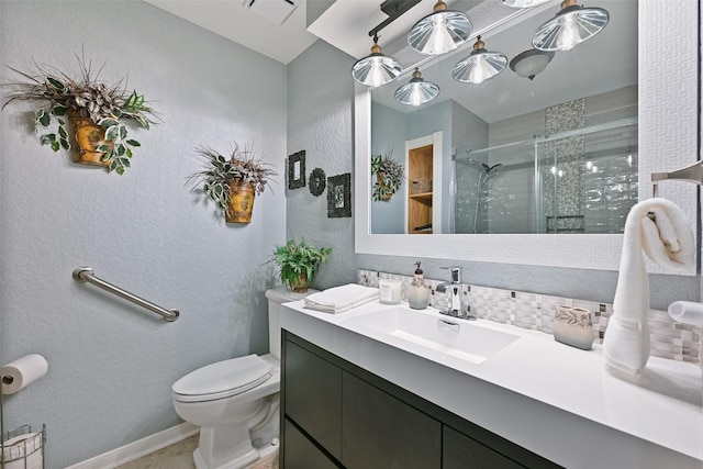 full bathroom with visible vents, toilet, a stall shower, a textured wall, and vanity