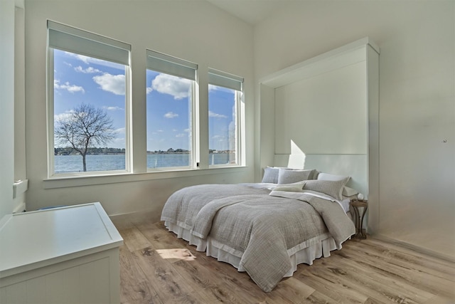 bedroom featuring a water view and light wood finished floors