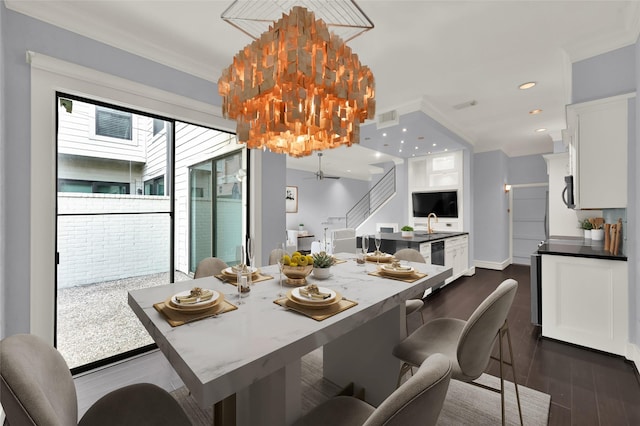 dining area featuring visible vents, stairs, ornamental molding, recessed lighting, and dark wood-style floors