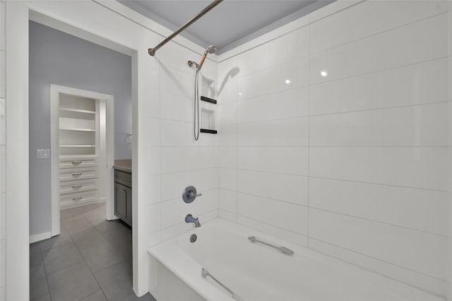 full bathroom with tub / shower combination, vanity, and tile patterned floors