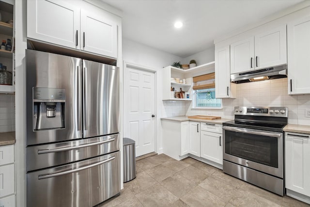 kitchen featuring backsplash, under cabinet range hood, stainless steel appliances, white cabinetry, and open shelves