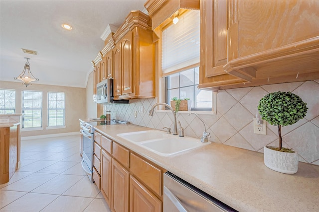 kitchen with plenty of natural light, stainless steel appliances, light countertops, and a sink