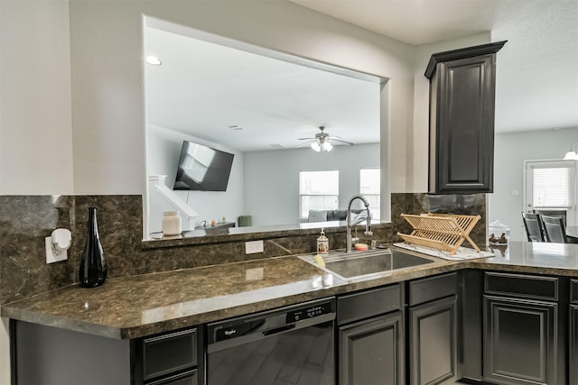 kitchen with tasteful backsplash, ceiling fan, dishwasher, a peninsula, and a sink