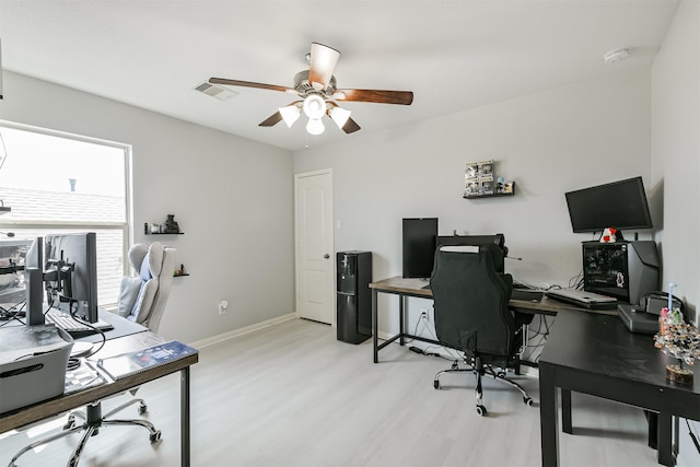 office area with baseboards, wood finished floors, visible vents, and ceiling fan