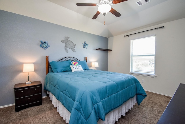 carpeted bedroom featuring visible vents, ceiling fan, lofted ceiling, and baseboards