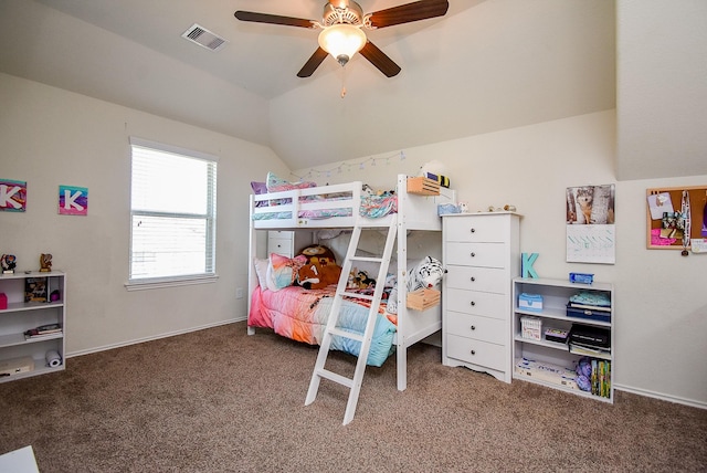 bedroom with lofted ceiling, carpet flooring, a ceiling fan, and visible vents