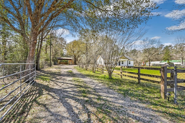 view of street featuring a rural view, driveway, and a gated entry