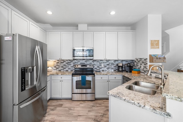 kitchen featuring tasteful backsplash, a peninsula, stainless steel appliances, white cabinetry, and a sink