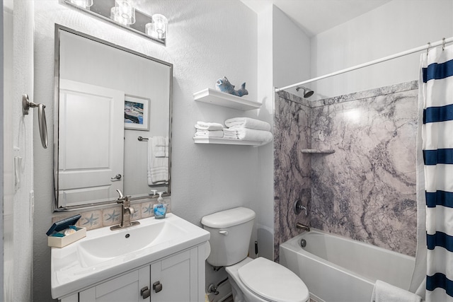 full bathroom with vanity, toilet, a textured wall, and shower / tub combo with curtain