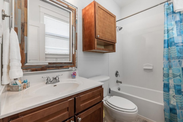 bathroom featuring shower / bathtub combination with curtain, toilet, and vanity