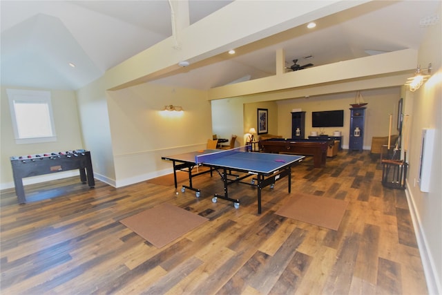 game room featuring wood finished floors, recessed lighting, pool table, baseboards, and vaulted ceiling