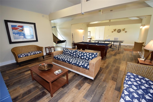 living room featuring pool table, baseboards, and wood finished floors