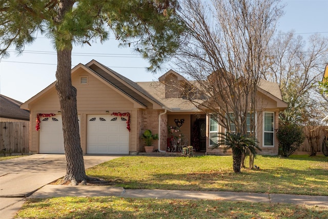 ranch-style home featuring brick siding, a front lawn, fence, concrete driveway, and an attached garage