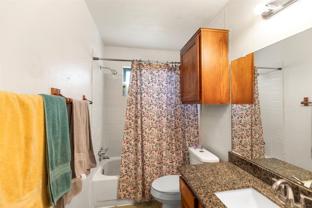 bathroom with shower / bath combination with curtain, toilet, and vanity