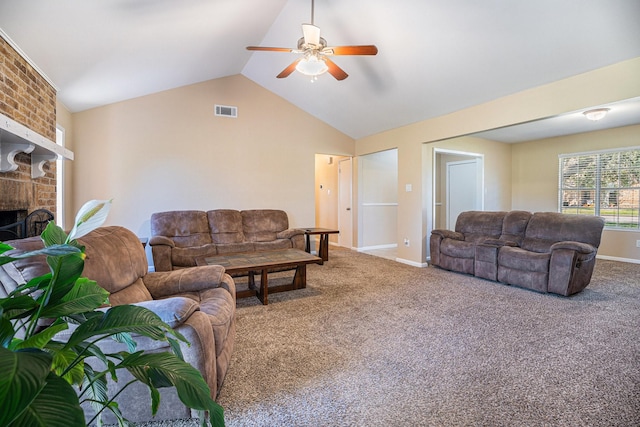 living room with visible vents, carpet, a fireplace, lofted ceiling, and ceiling fan