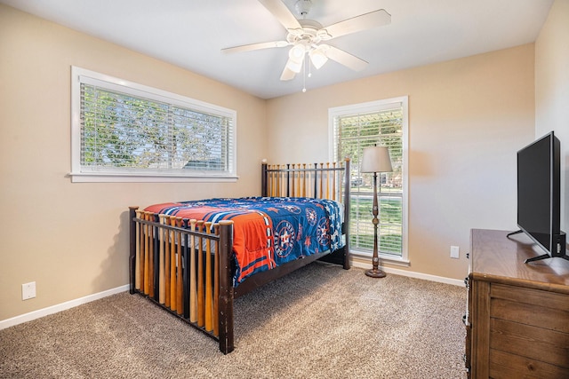bedroom with multiple windows, baseboards, and carpet floors