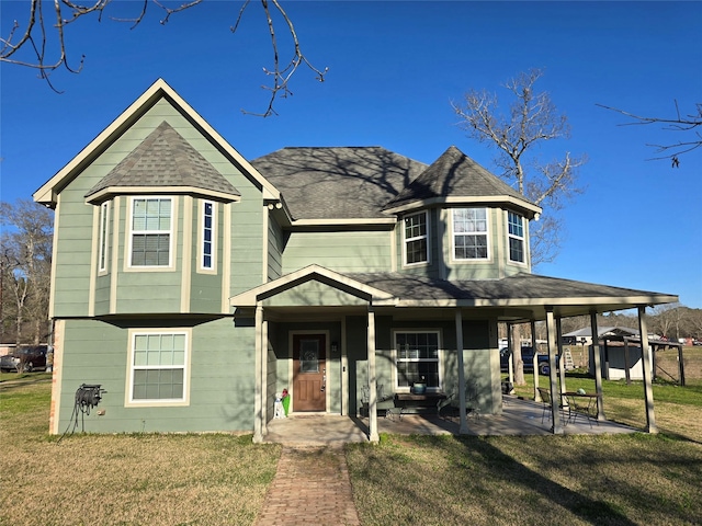 victorian house featuring a front yard and a shingled roof