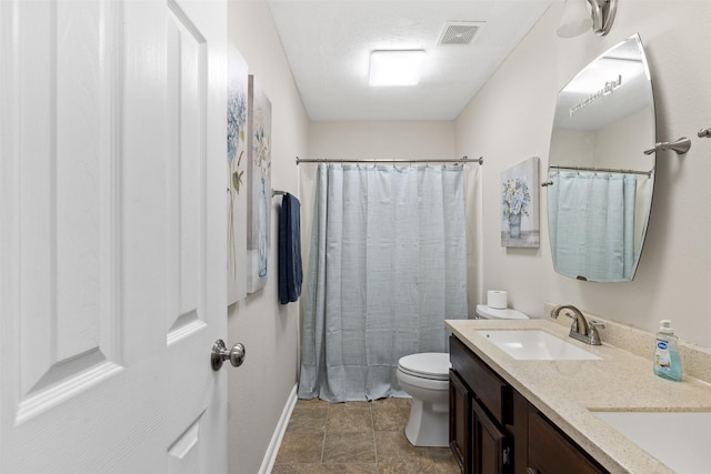 full bathroom with double vanity, visible vents, toilet, and a sink