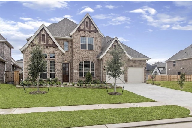 view of front of house with brick siding, driveway, a front yard, and fence