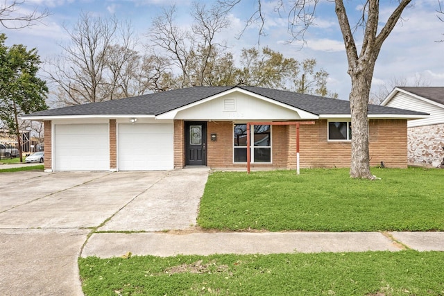 single story home featuring a front lawn, roof with shingles, concrete driveway, a garage, and brick siding