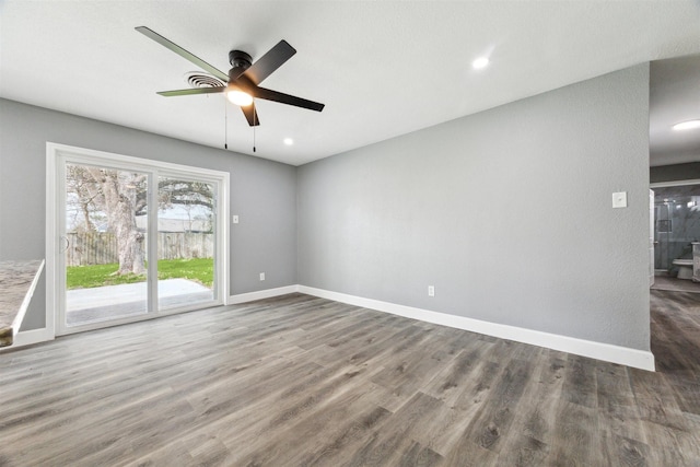 unfurnished living room featuring recessed lighting, ceiling fan, baseboards, and wood finished floors