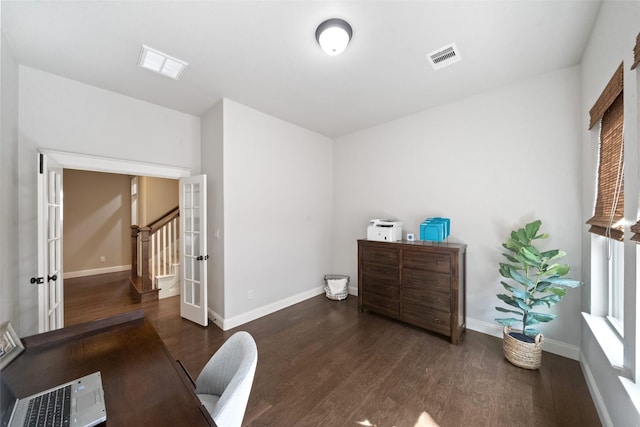 office area with french doors, baseboards, visible vents, and wood finished floors