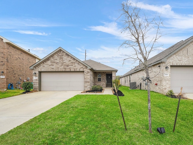 view of front of home featuring driveway, a front lawn, an attached garage, brick siding, and central AC unit