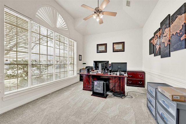 7419 Place Vendome, Spring, TX 77379 - office area with healthy amount of natural light, light carpet, a ceiling fan, and high vaulted ceiling