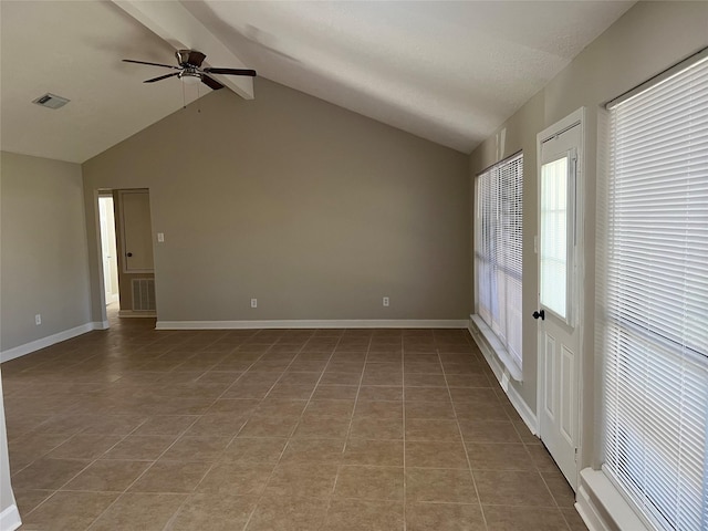 unfurnished room with light tile patterned floors, visible vents, lofted ceiling with beams, and baseboards