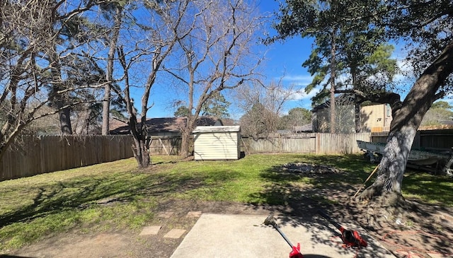 view of yard with an outbuilding, a storage unit, and a fenced backyard